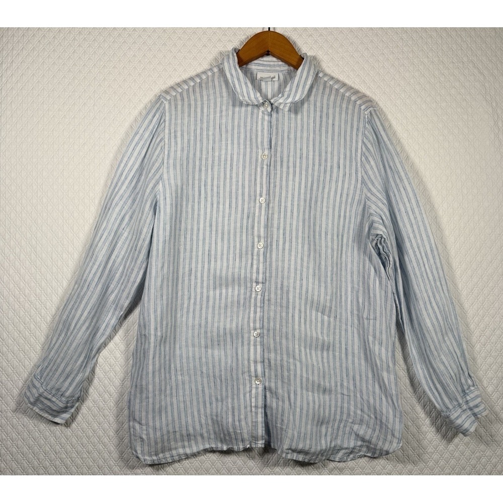 J. JILL Love Linen Womens Size L 100% Linen Long Sleeve Blue White Striped Shirt